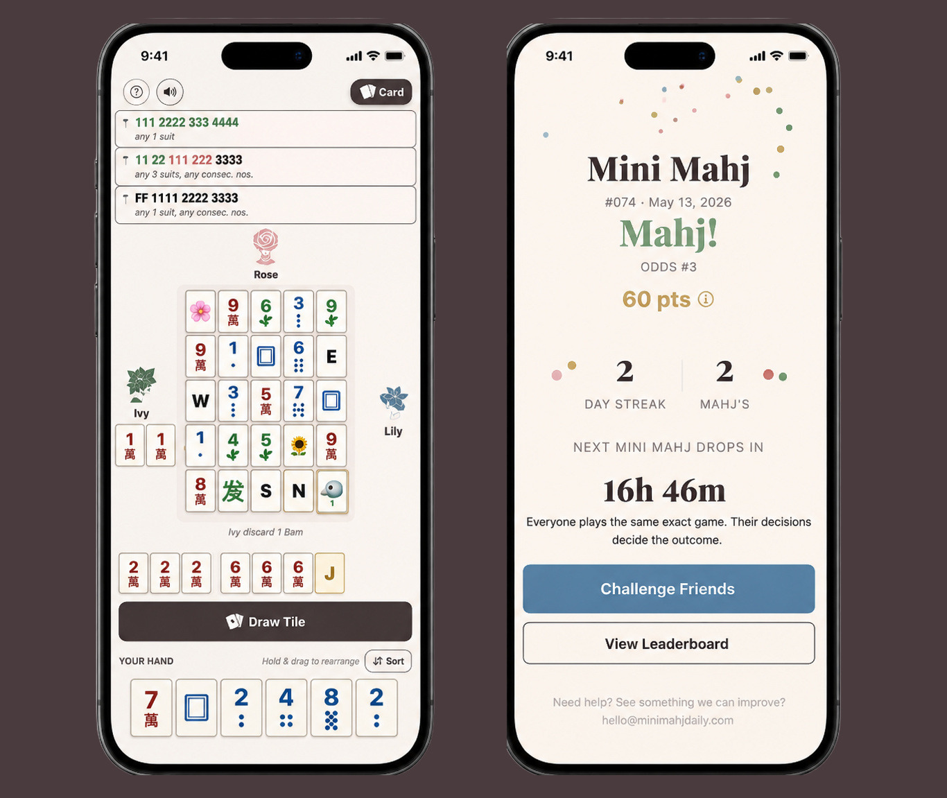 Mini Mahj game board and Mahj! win screen on iPhone